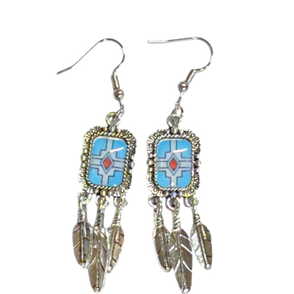UNBRANDED Silver And Blue WESTERN STYLE Feather Dangle EARRINGS